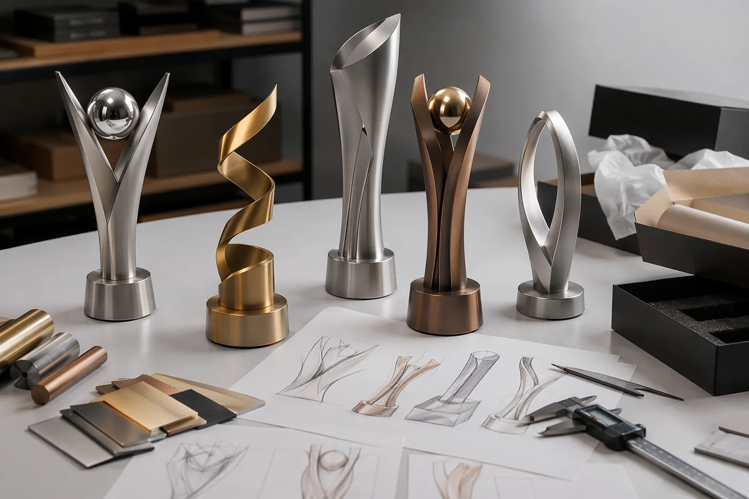 Custom metal trophy concepts arranged for project evaluation