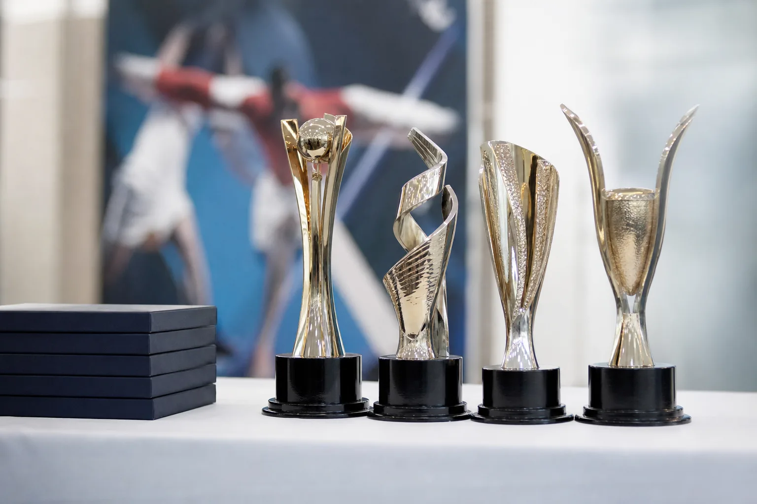 Custom metal trophies prepared for a sports award event