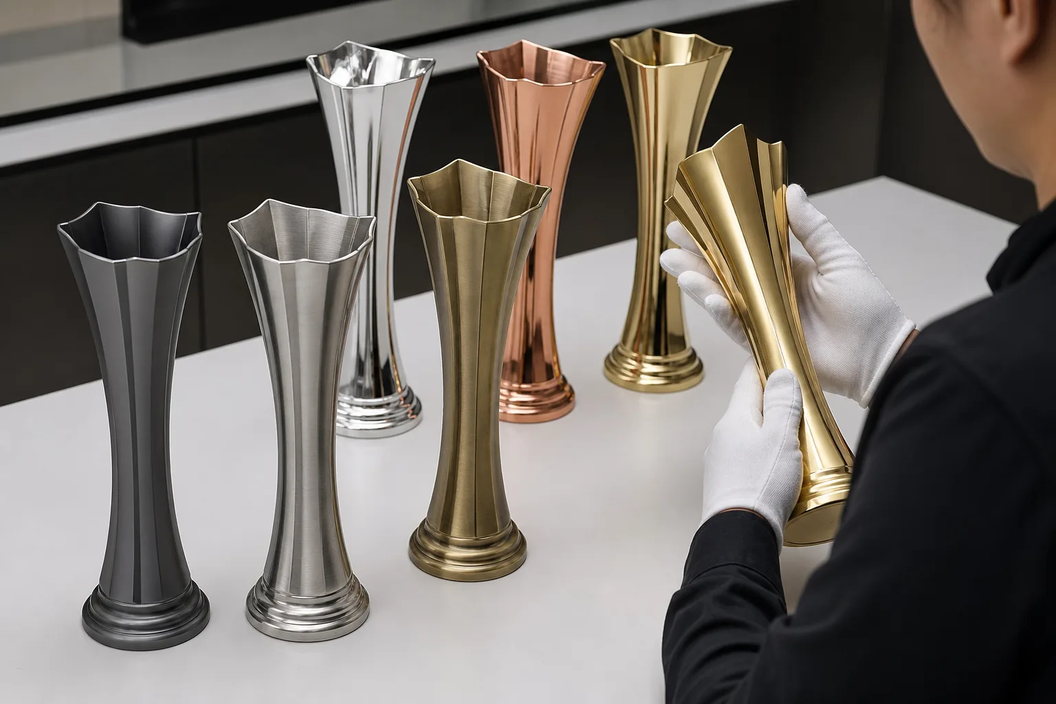 Inspecting painted finish samples for metal trophies
