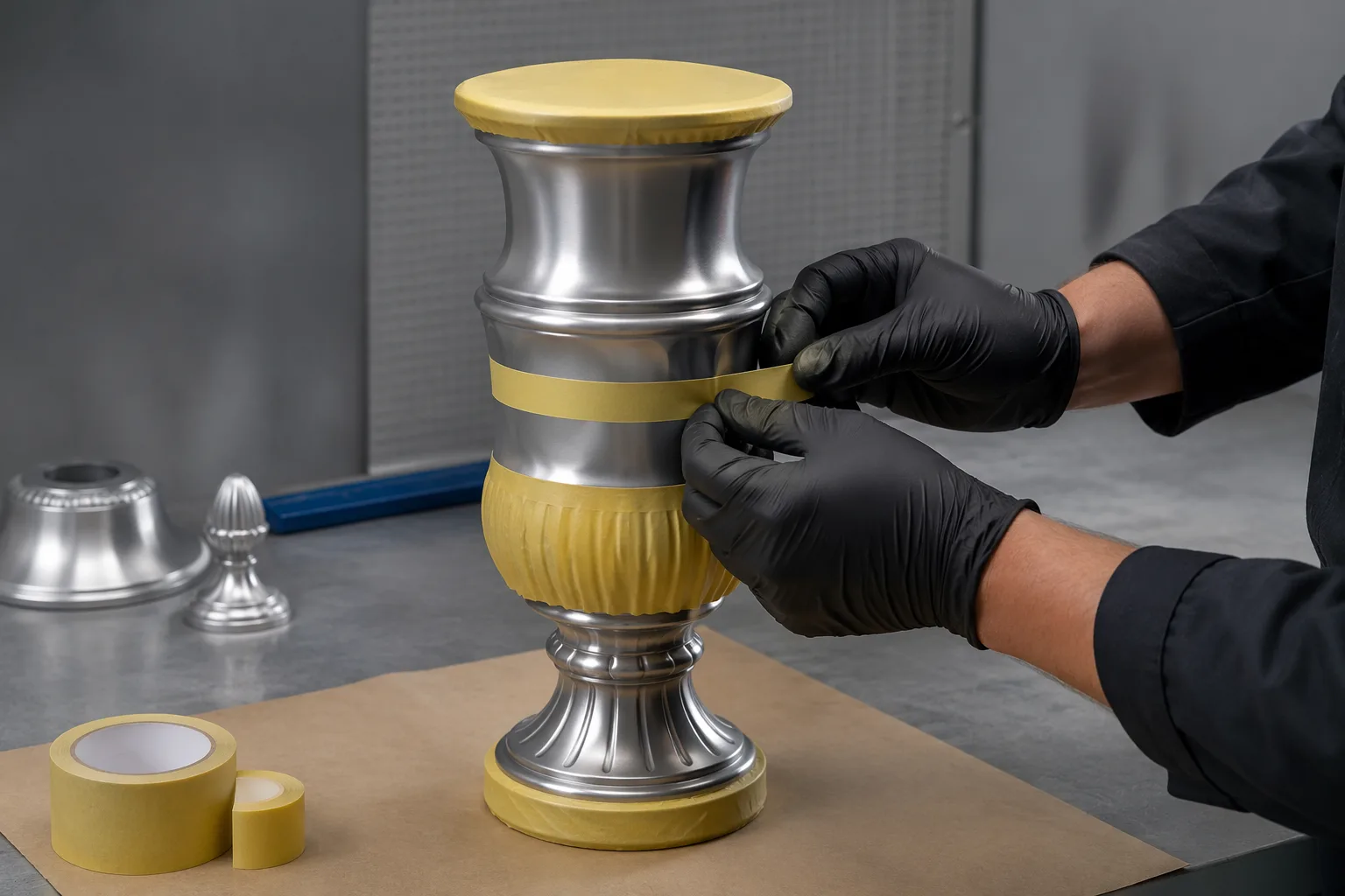 Masking a metal trophy before paint application