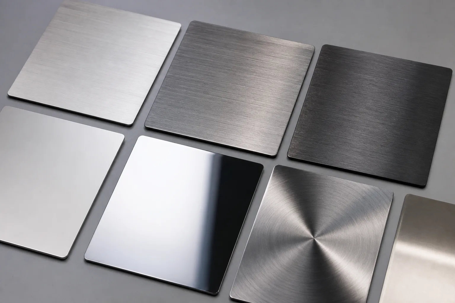 Metal finish samples with brushed satin and polished effects