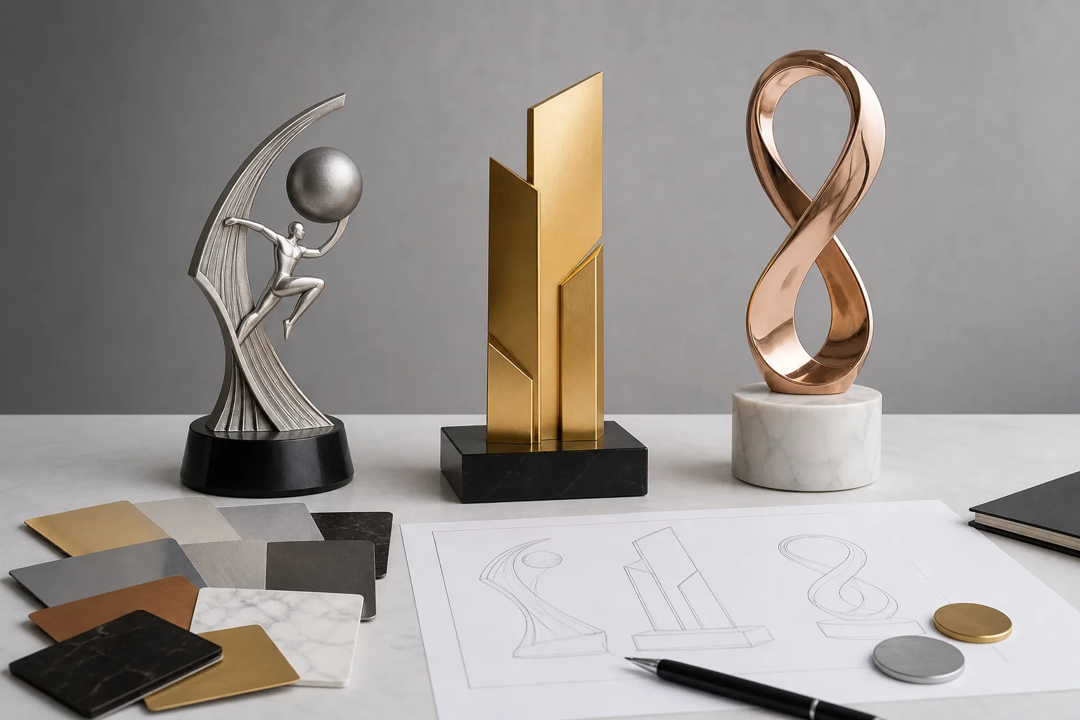 Three custom metal trophy project concepts on a planning table