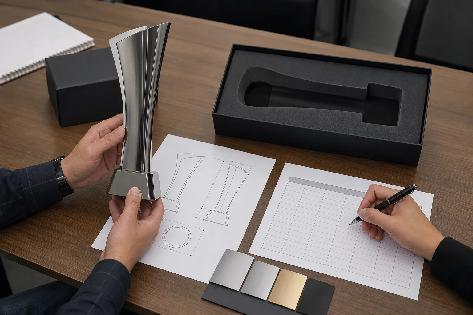 Reviewing a custom trophy sample and specification materials
