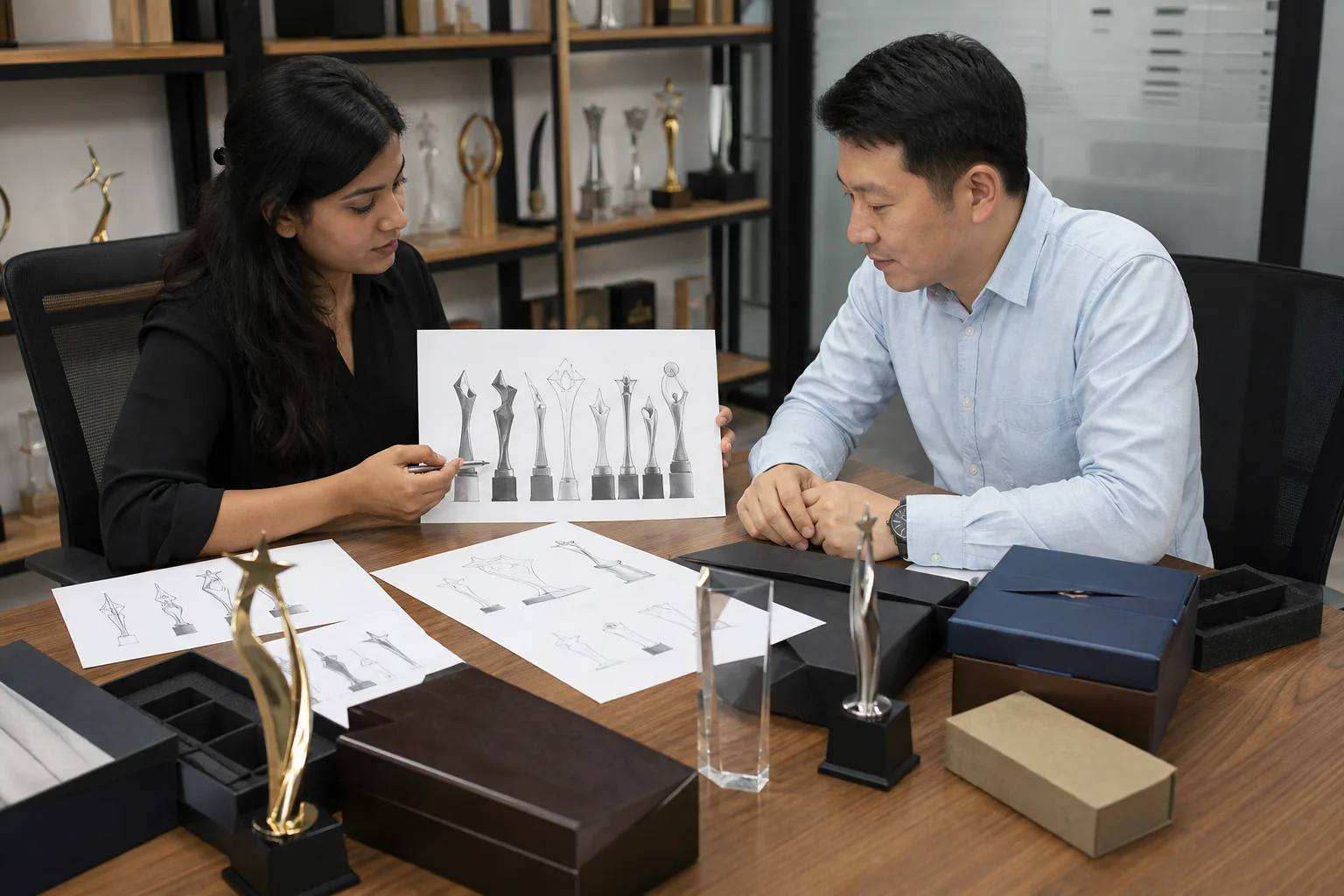 Buyers reviewing trophy concepts and packaging requirements