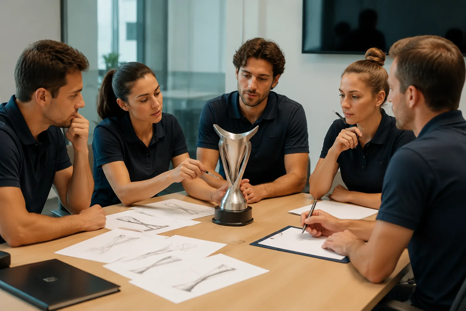 Club committee reviewing a custom metal trophy concept