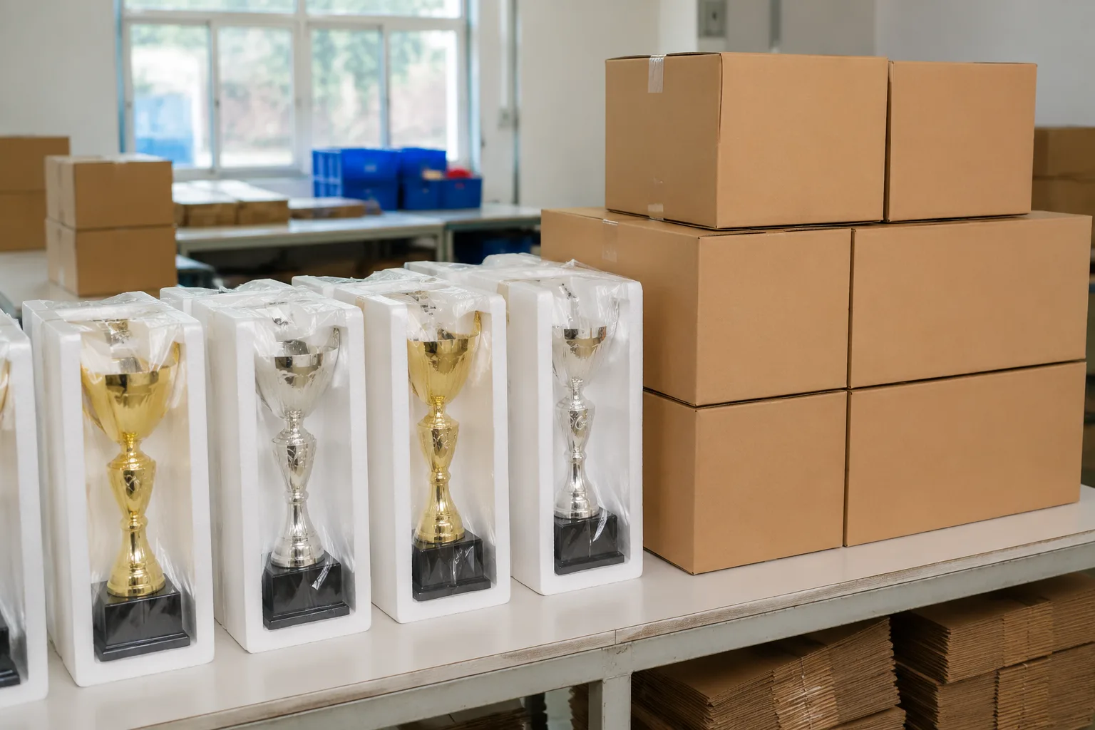 Custom metal trophies prepared in protective packaging