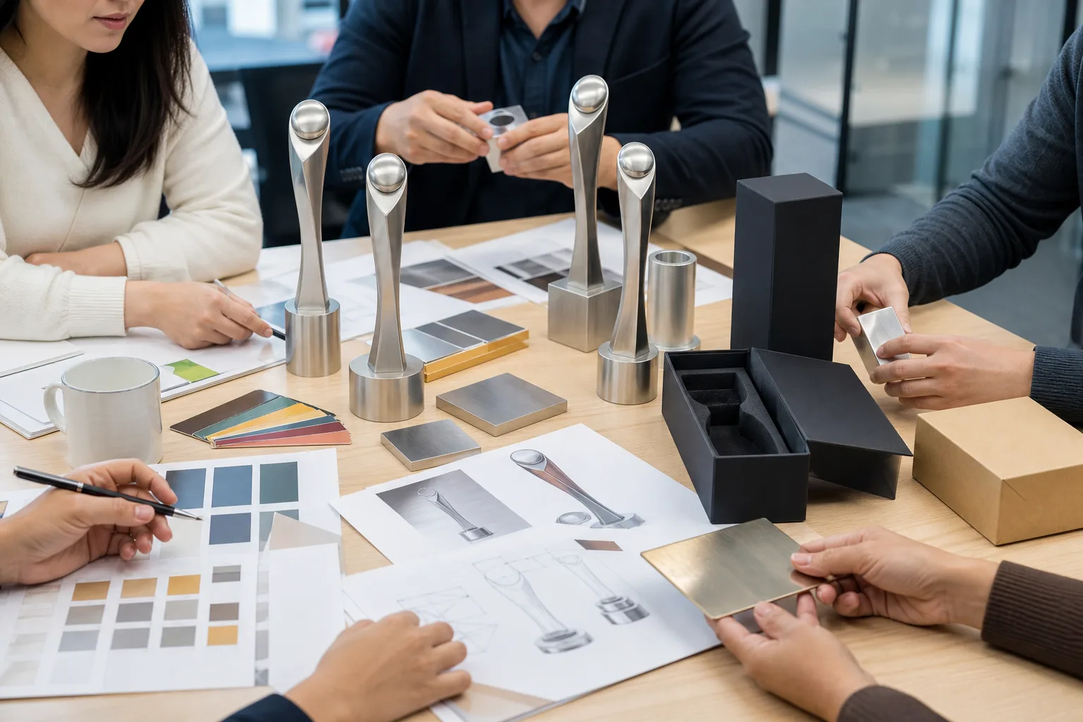 Custom metal trophy project review in a professional workspace