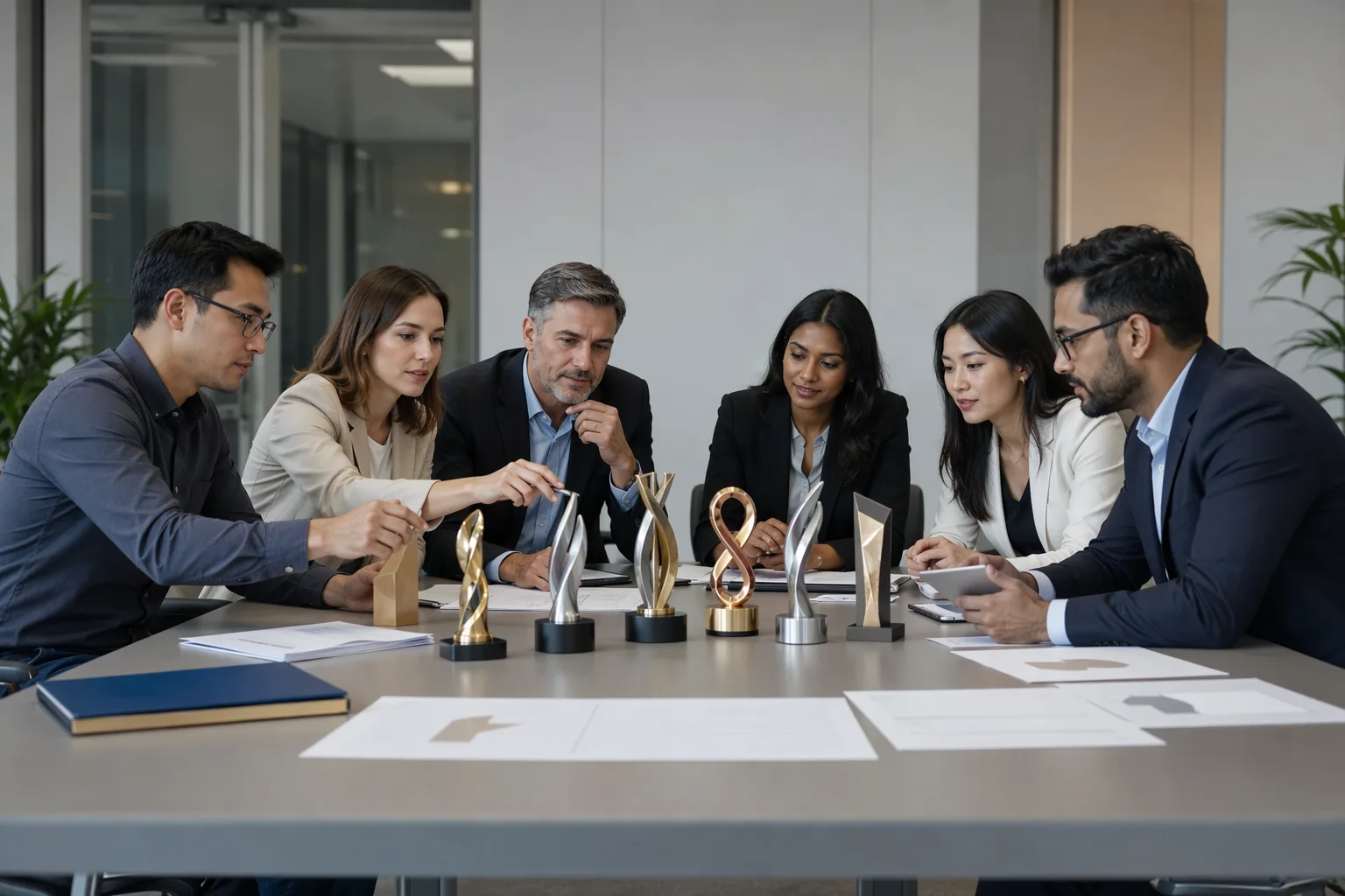 Corporate team reviewing custom metal trophy options for an award program