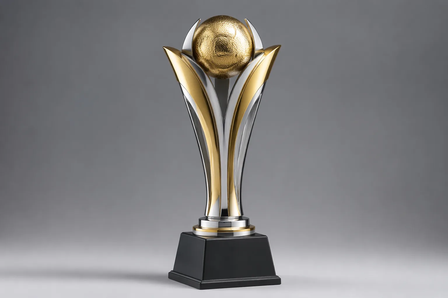 Custom metal championship trophy with a sculptural body and dark base