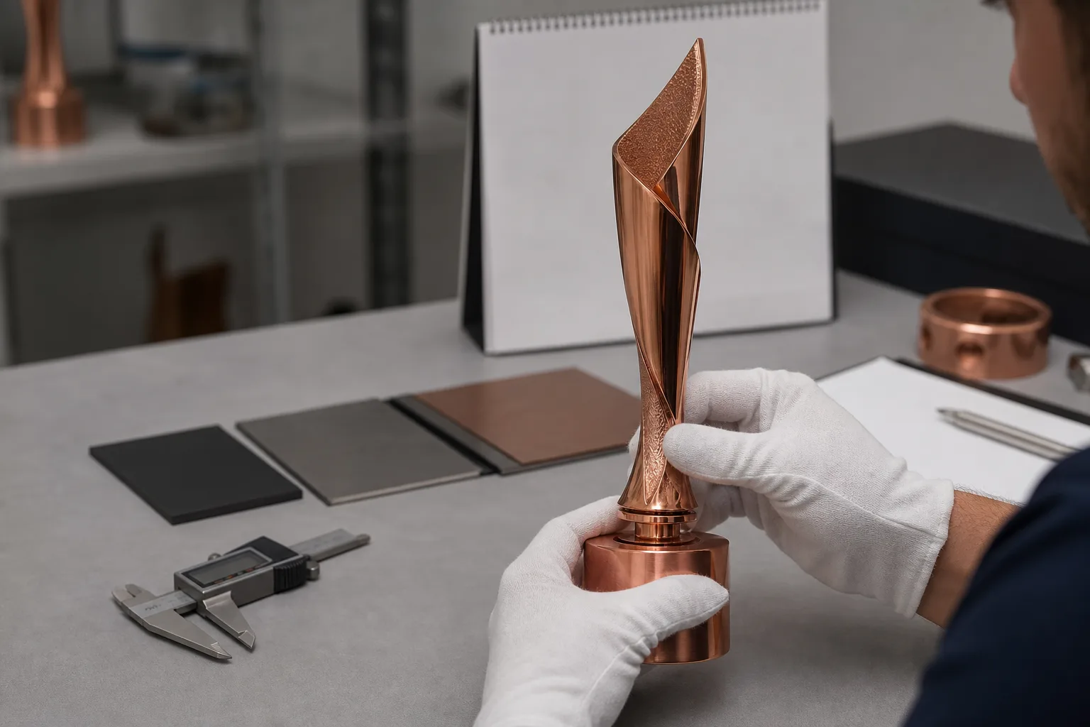 Inspection of a copper trophy sample and base connection
