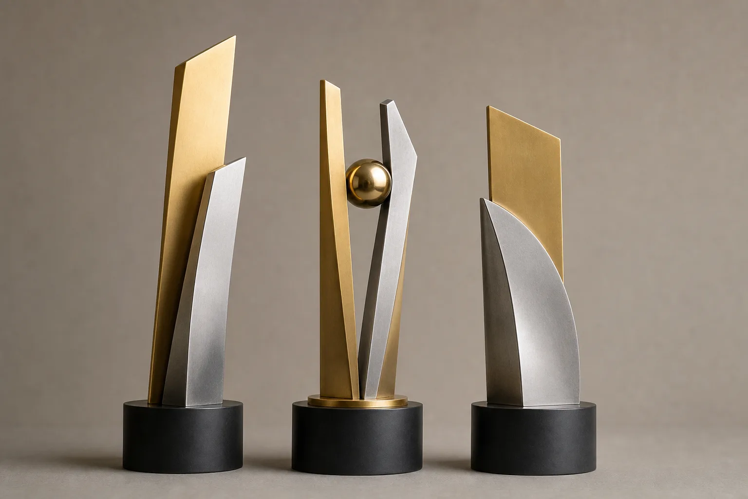 Coordinated custom metal corporate award trophies in a studio setting