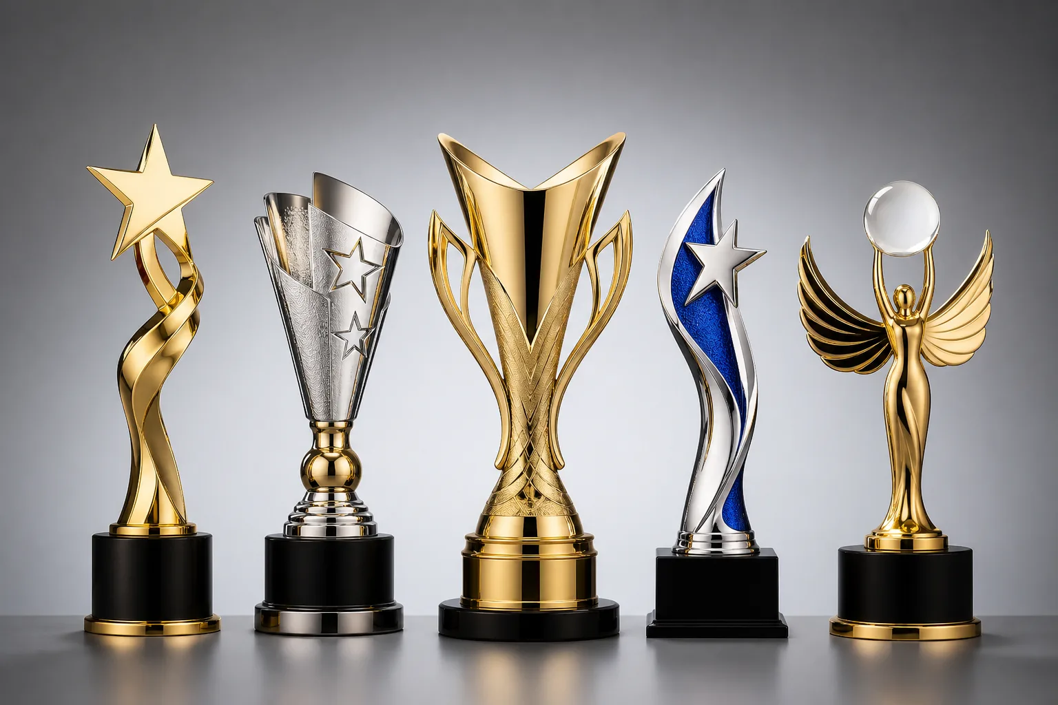 Custom metal trophies with varied structures and finishes