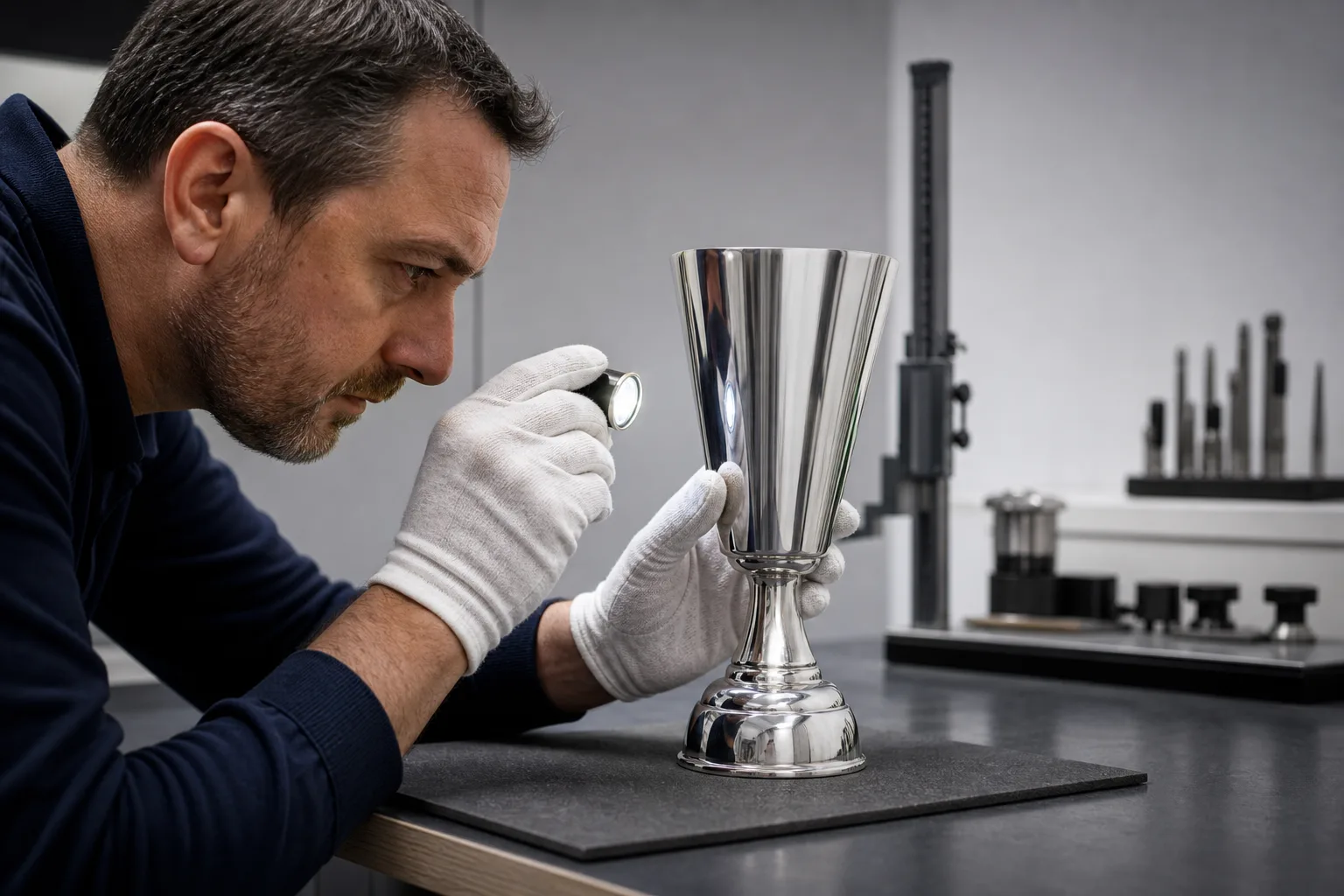 Inspection of a custom metal trophy surface and assembly