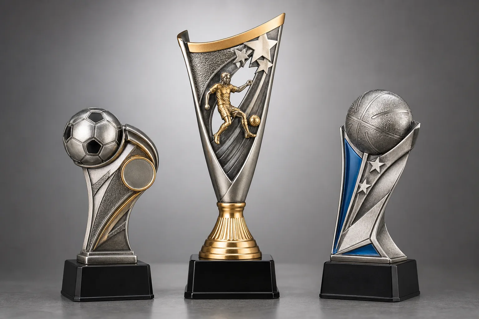 Three custom metal sports trophies arranged for an award presentation