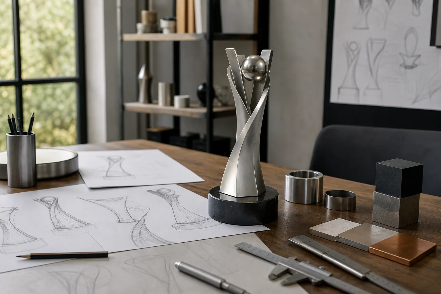 Custom metal trophy concept with sketches and material samples