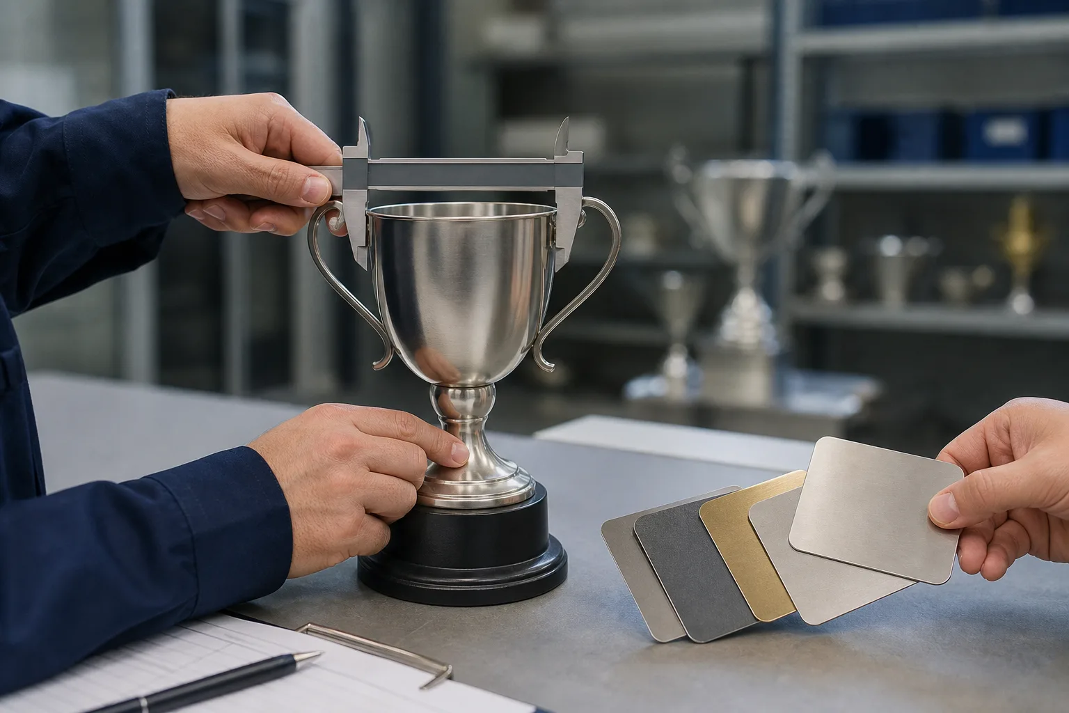 Metal trophy components with different structures and finishes