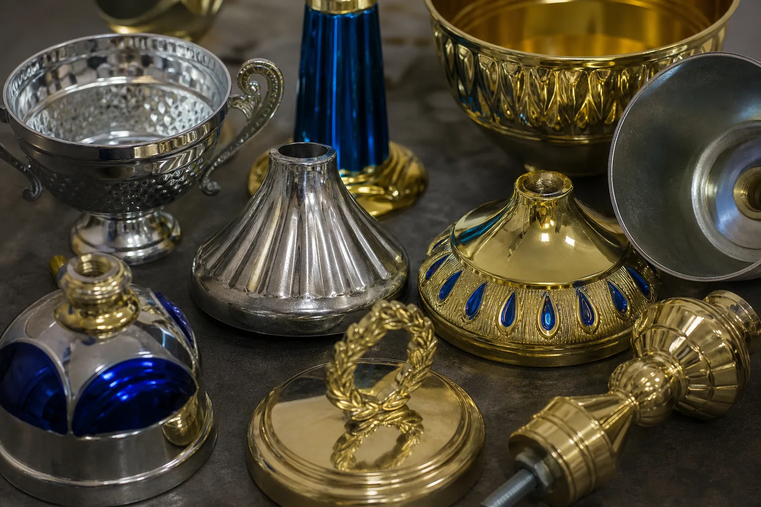 Metal trophy components with different structures and finishes
