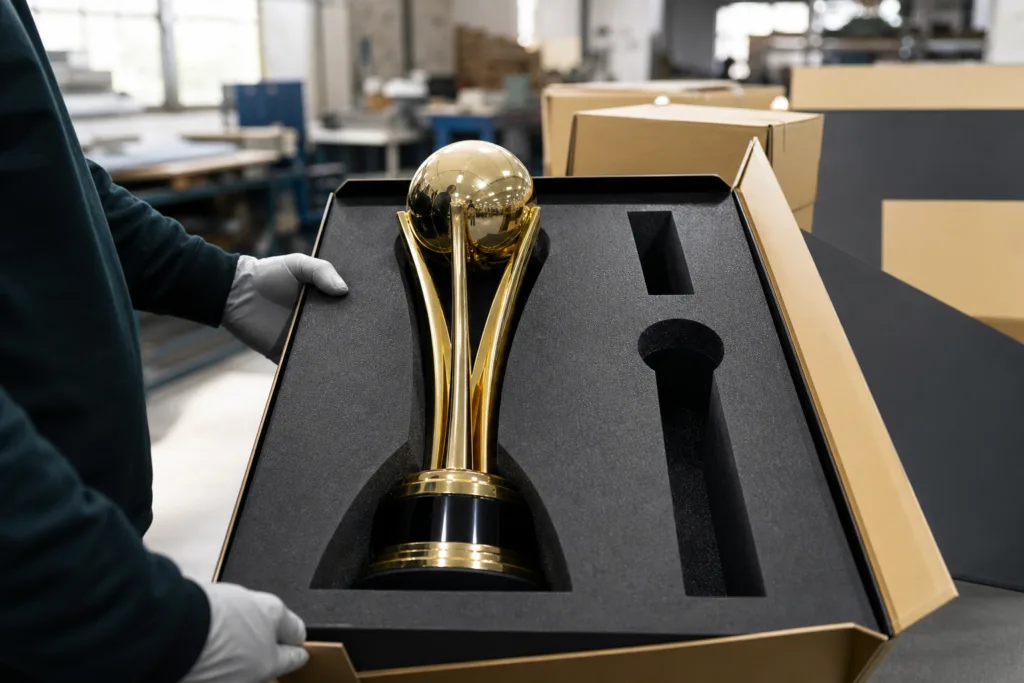 How to Prepare a Custom Trophy RFQ That Manufacturers Can Quote Accurately 3 Finished custom championship trophy secured in protective packaging for export shipment