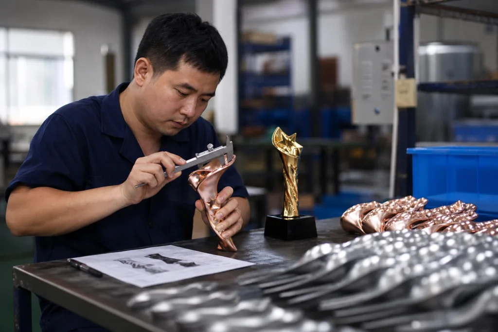 Quality inspector measuring custom metal trophies during a bulk order inspection in a factory