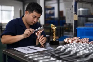 Quality inspector measuring custom metal trophies during a bulk order inspection in a factory