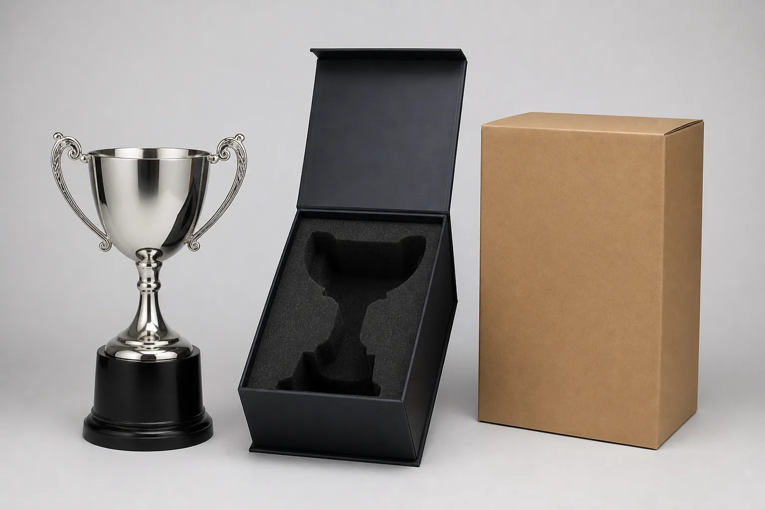 Generic metal trophy with protective insert and packaging components