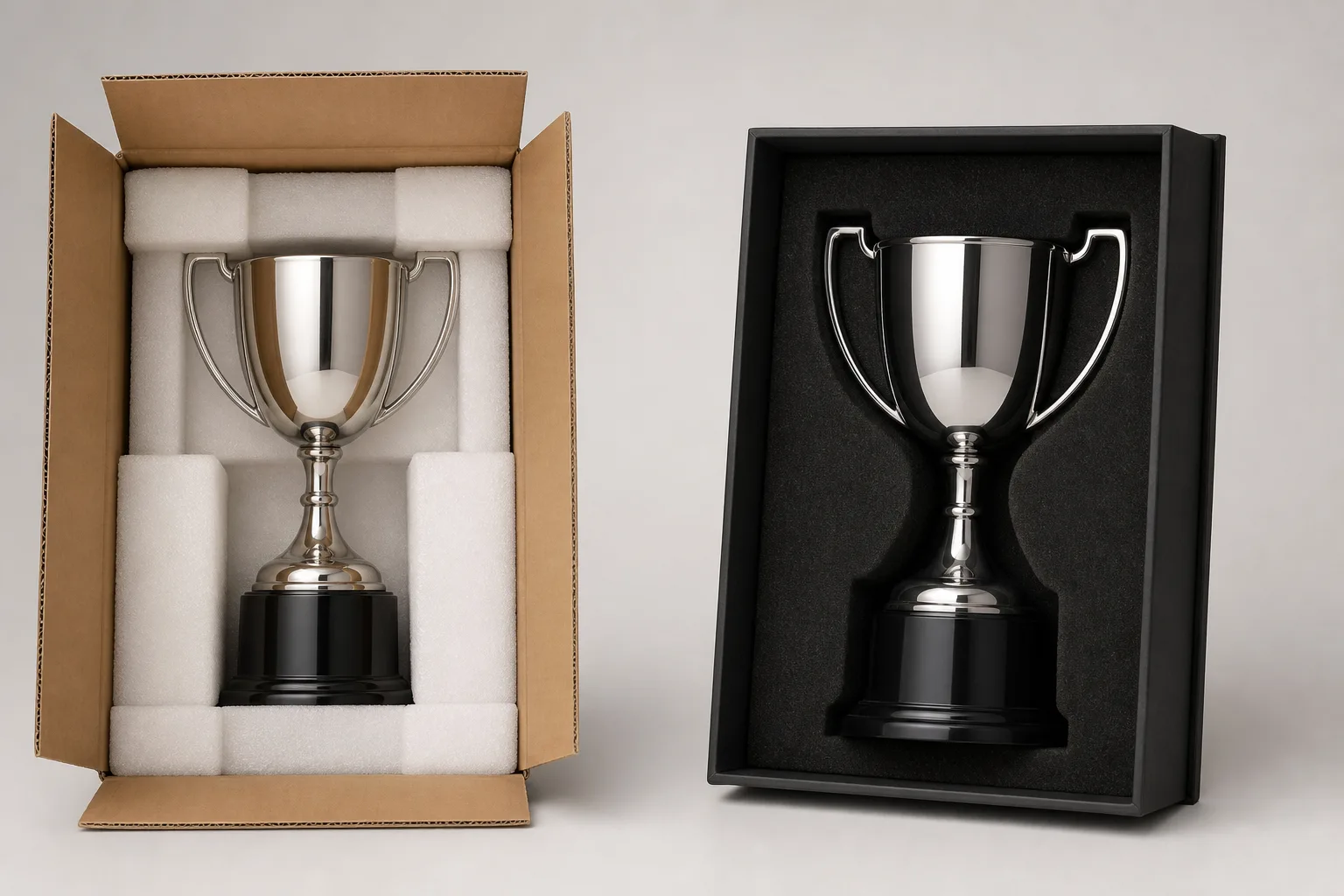 Protective transit packaging and presentation box for generic trophies