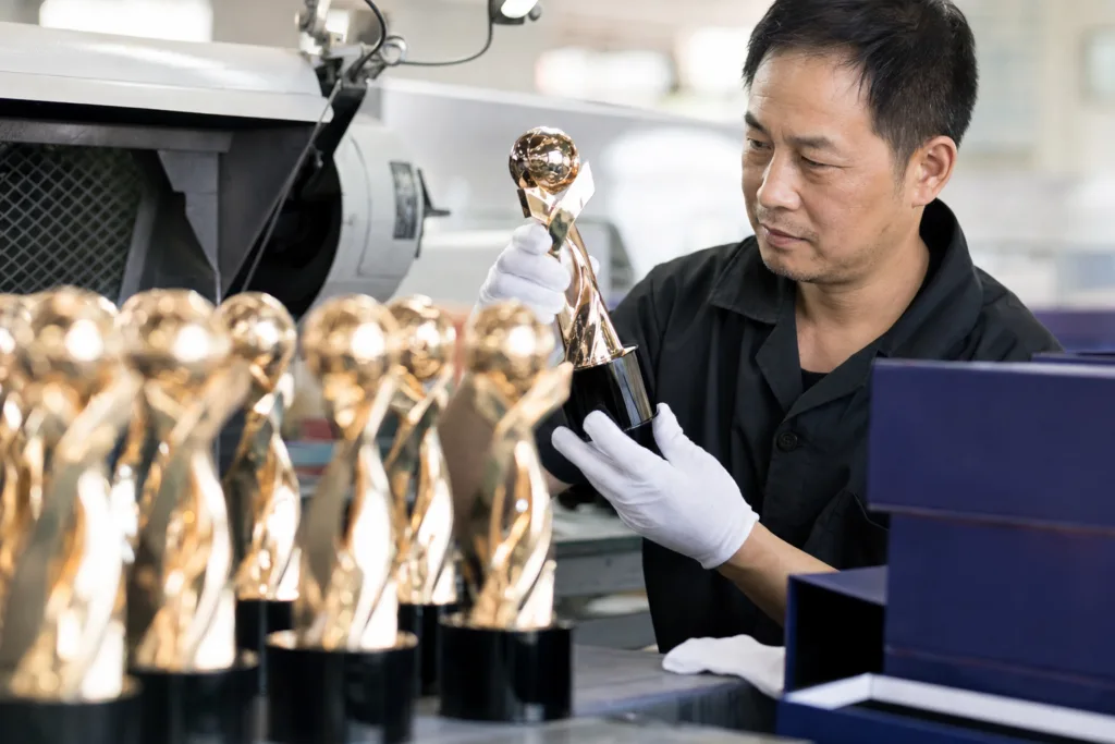 Trophy Mold Cost: What Buyers Should Clarify Before Tooling Approval 3 Finished custom metal trophies under quality control inspection before packaging