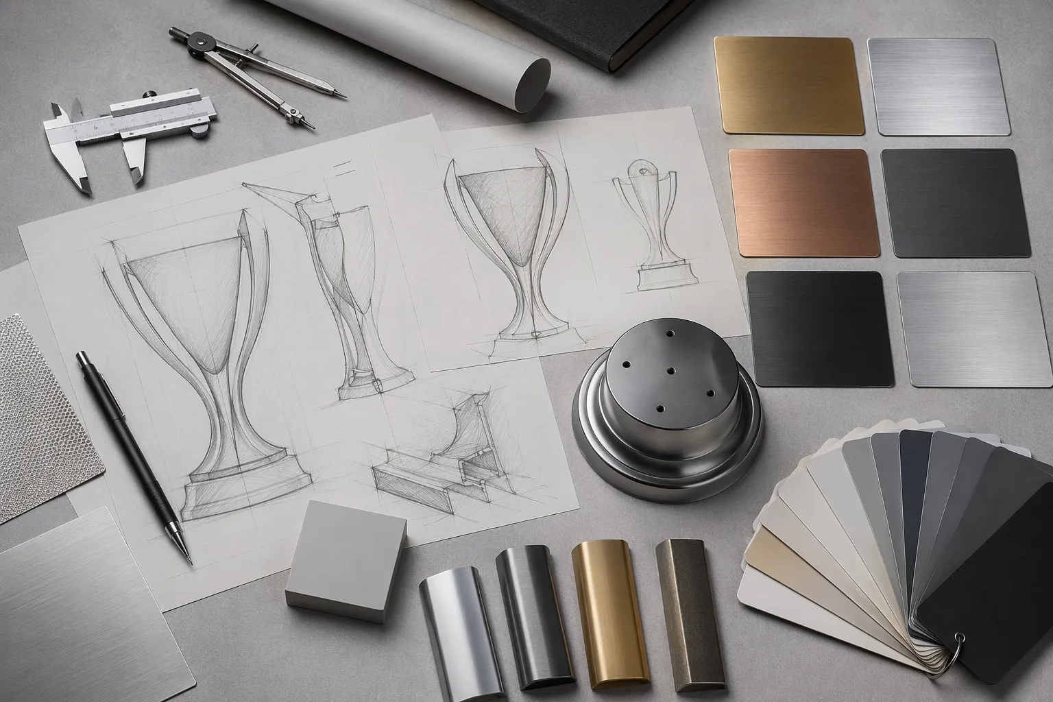 Trophy specification workspace with finish samples and structural components