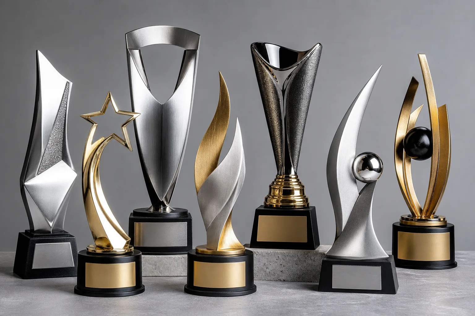 Selection of custom metal trophy shapes, finishes, and bases