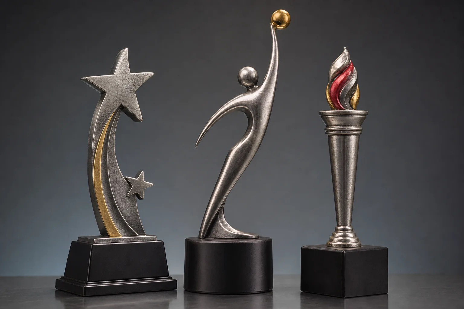 Custom die-cast metal trophies with sculpted forms and stable bases