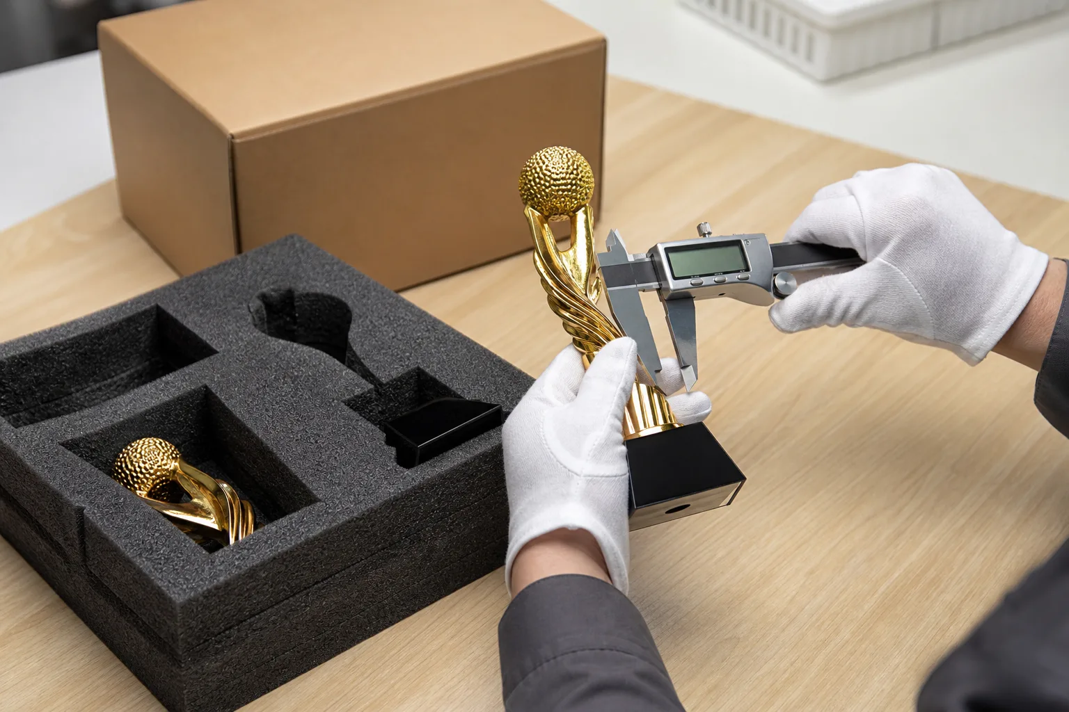 Die-cast trophy sample inspection with protective packaging