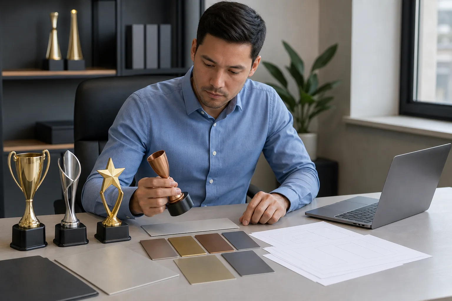 Buyer reviewing custom trophy resources and metal samples