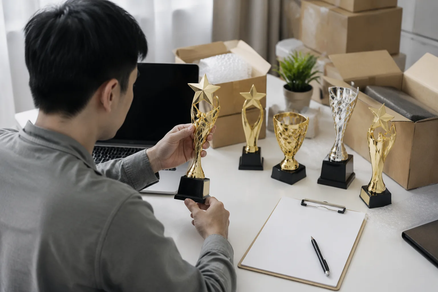 E-commerce seller reviewing unbranded custom metal trophy samples