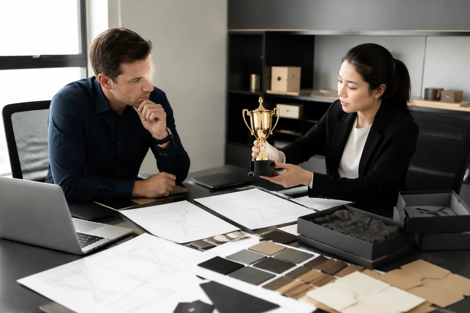 Buyer and product specialist reviewing a custom trophy sample