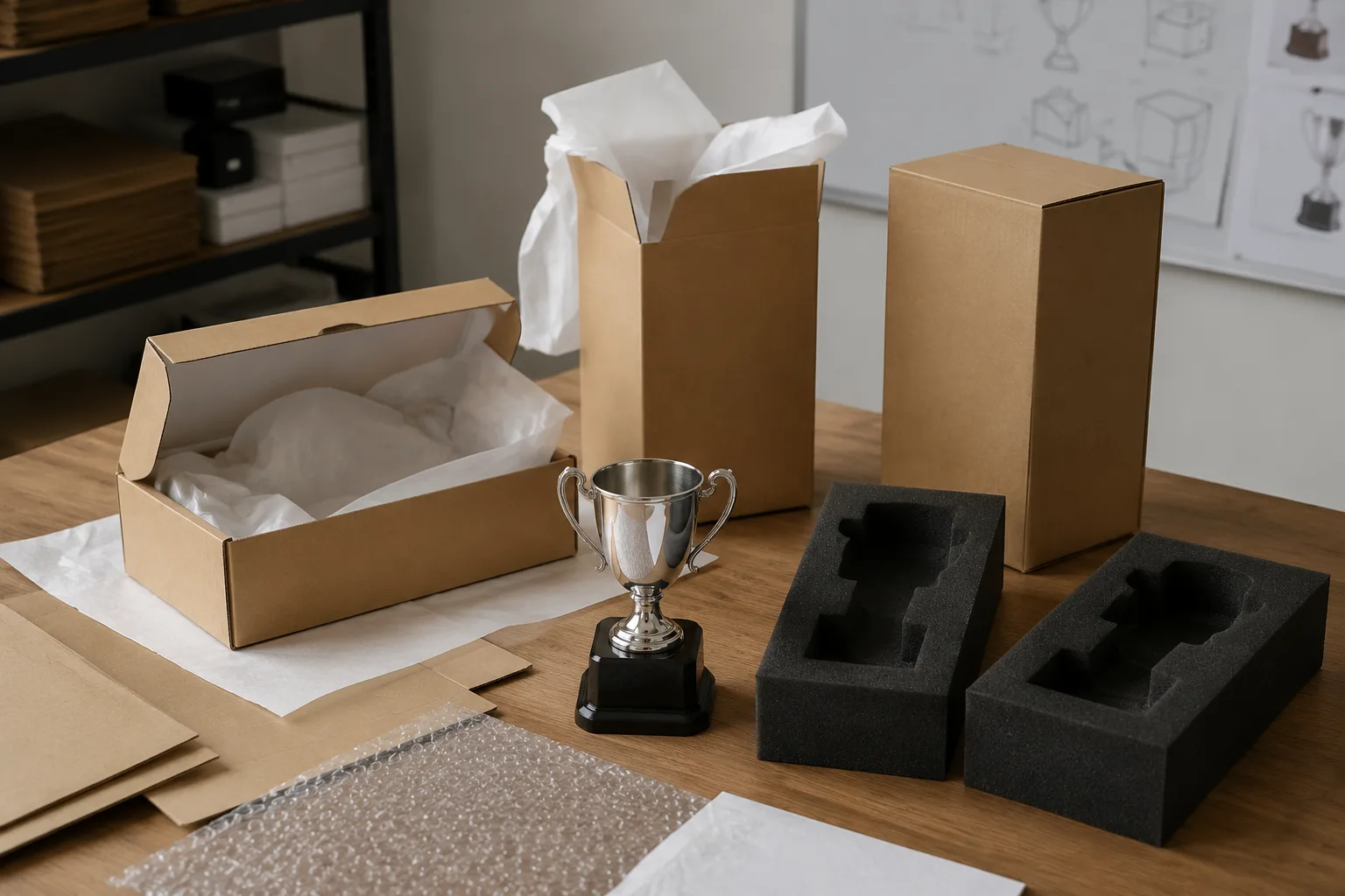 Unbranded trophy packaging and protective inserts on a worktable