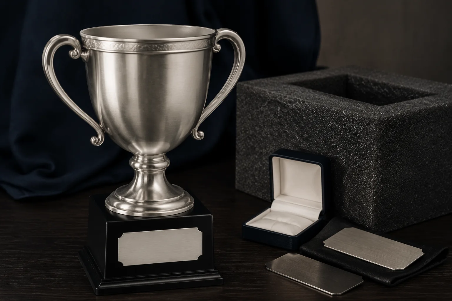Unbranded metal trophy with blank nameplate for personalization planning