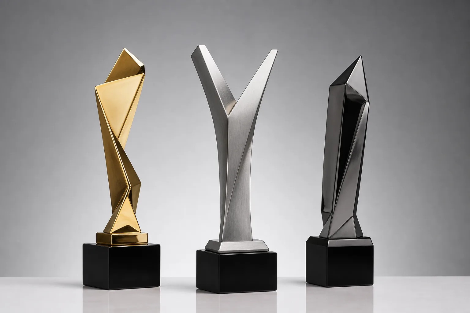 Three custom electroplated trophies with different metallic appearances