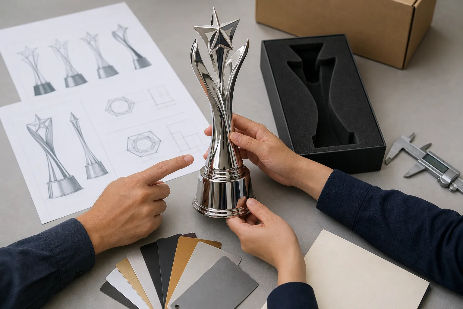 Buyer reviewing an electroplated trophy sample and specification details