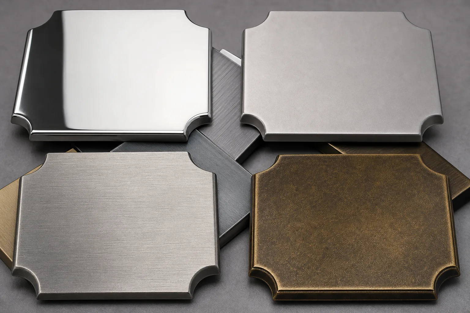 Close-up comparison of metallic trophy surface finishes