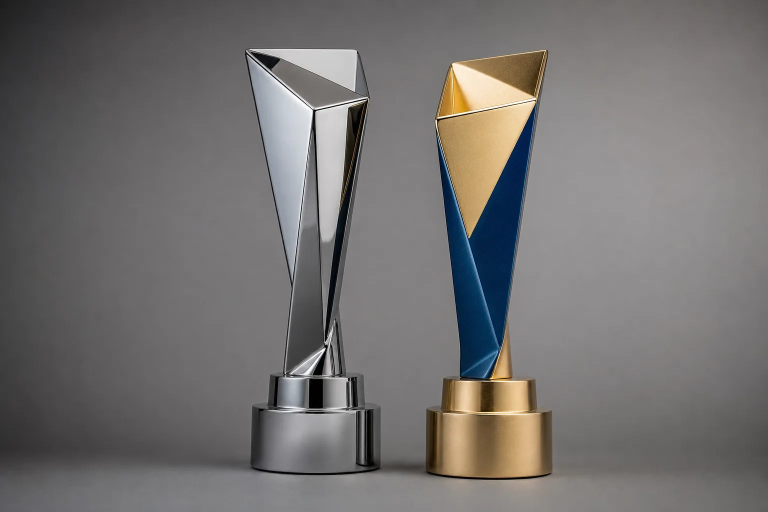 Side-by-side electroplated and painted metal trophies