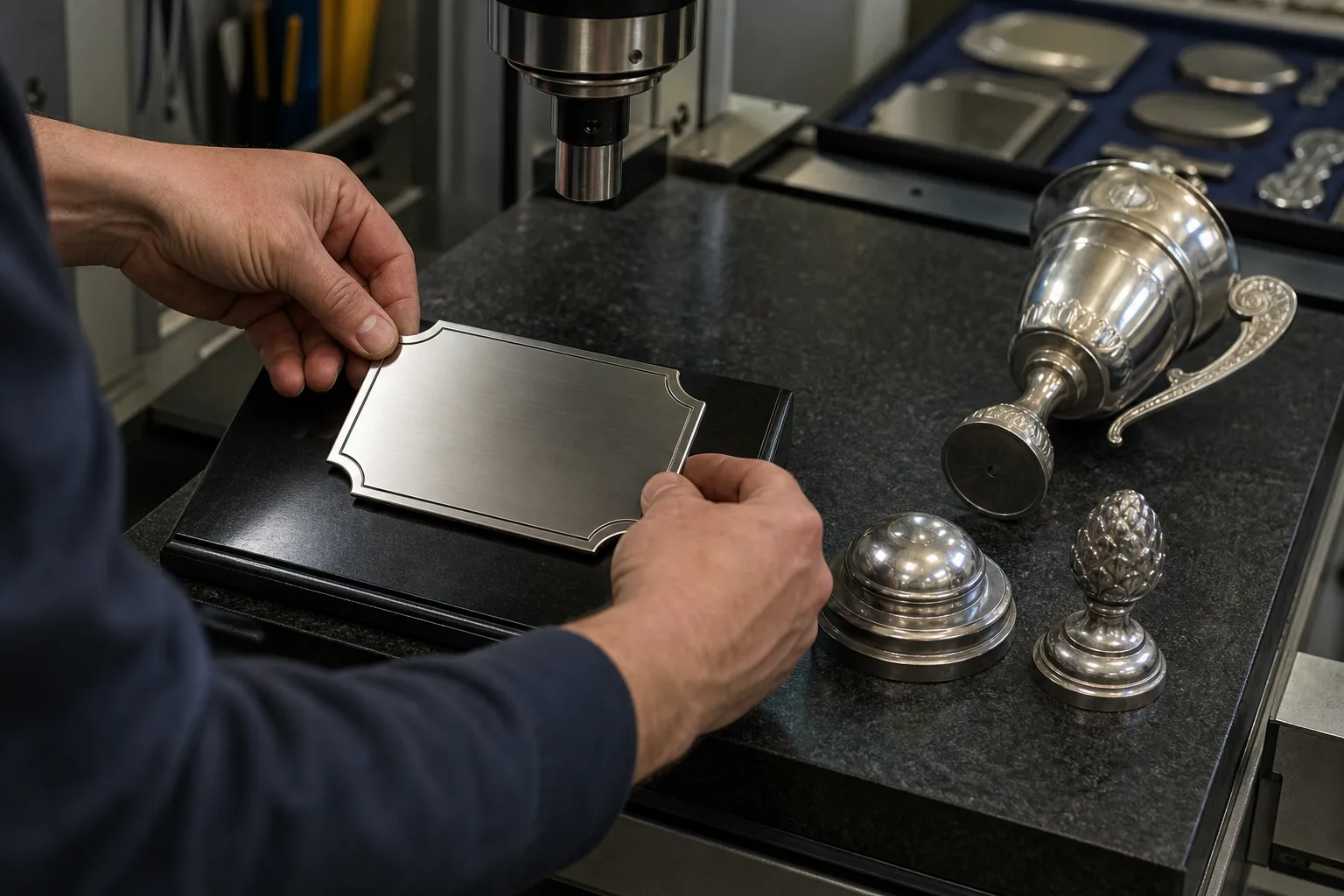 Metal trophy plate being positioned for engraving before assembly