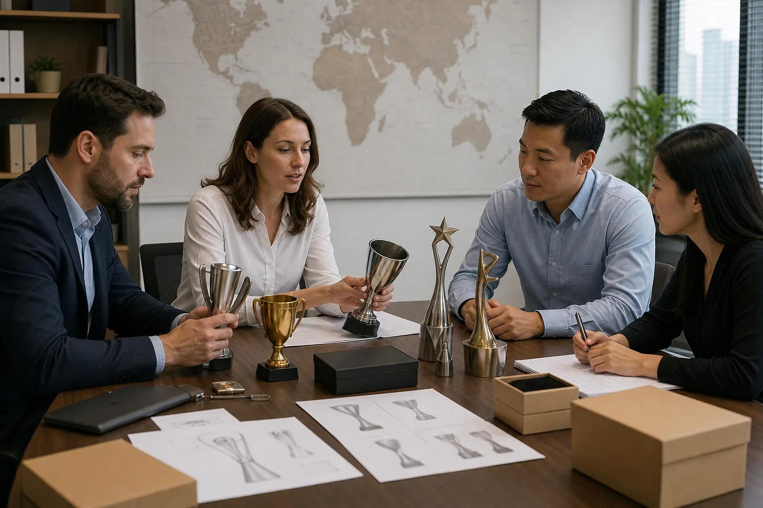 International buyer reviewing custom metal trophy and packaging options