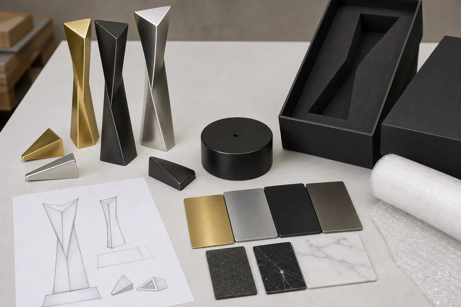 Custom metal trophy components and finish samples on a design table