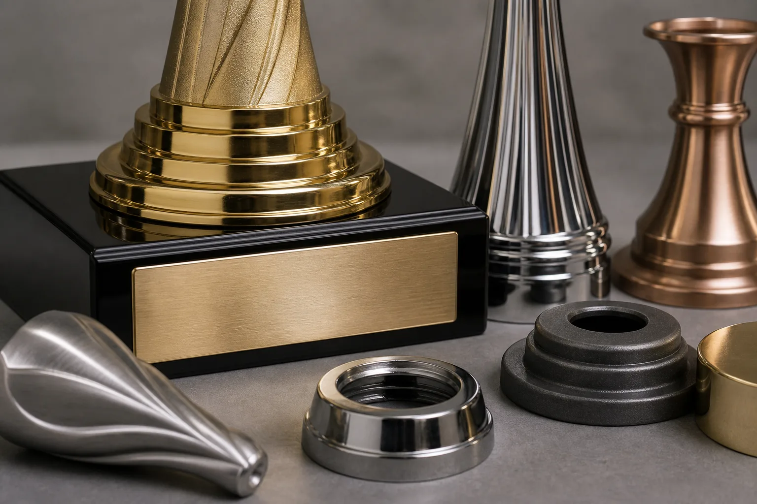 Metal trophy samples with different surface appearances