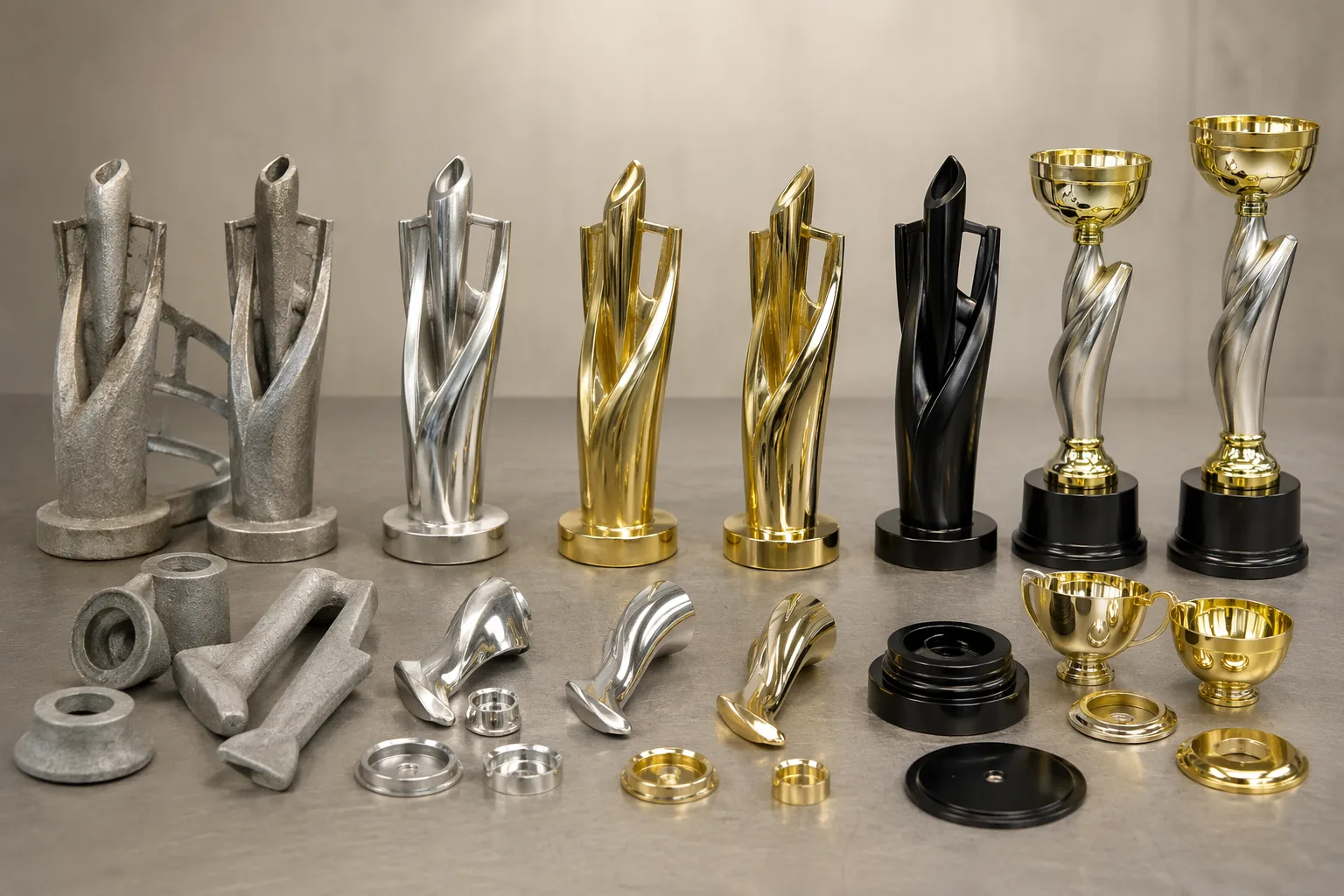 Custom metal trophy components at different manufacturing stages