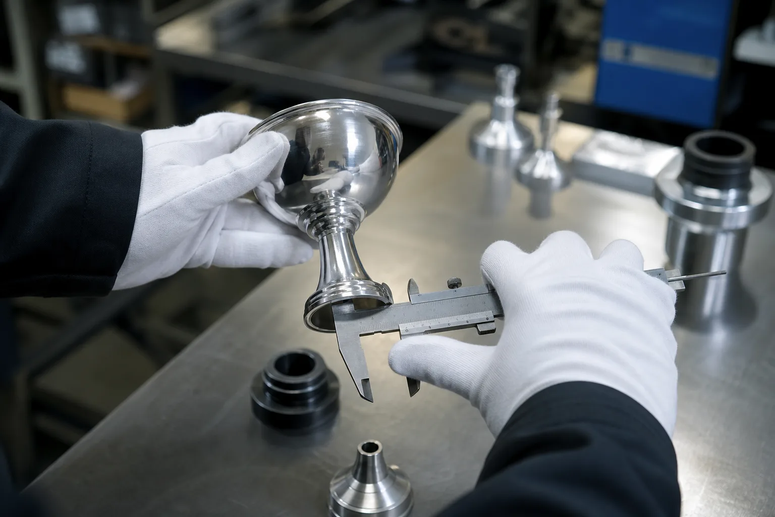 Custom trophy components being reviewed for structure and fit