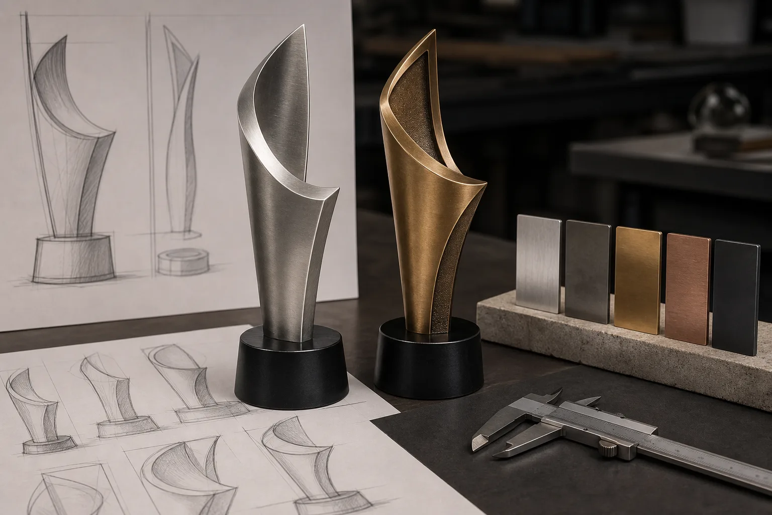 Metal material options being evaluated for a custom trophy design