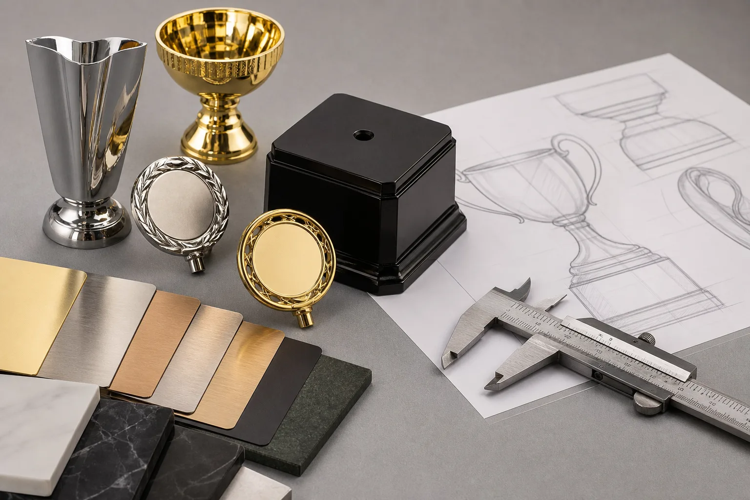 Metal trophy components and material samples prepared for design review