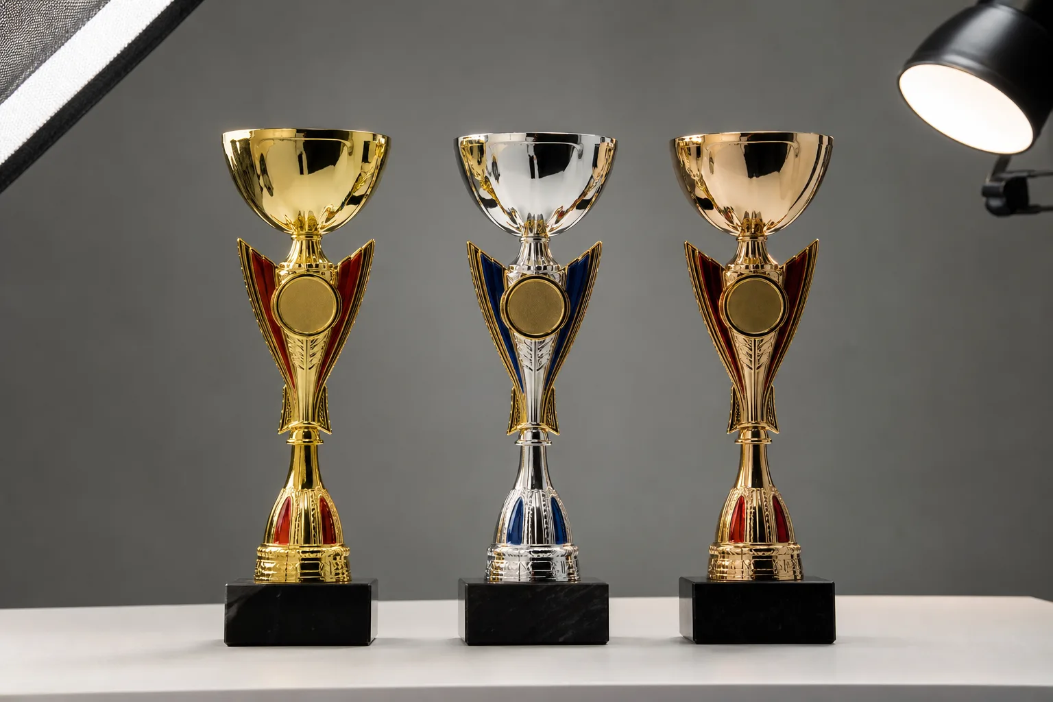 Metal trophy samples prepared for appearance review