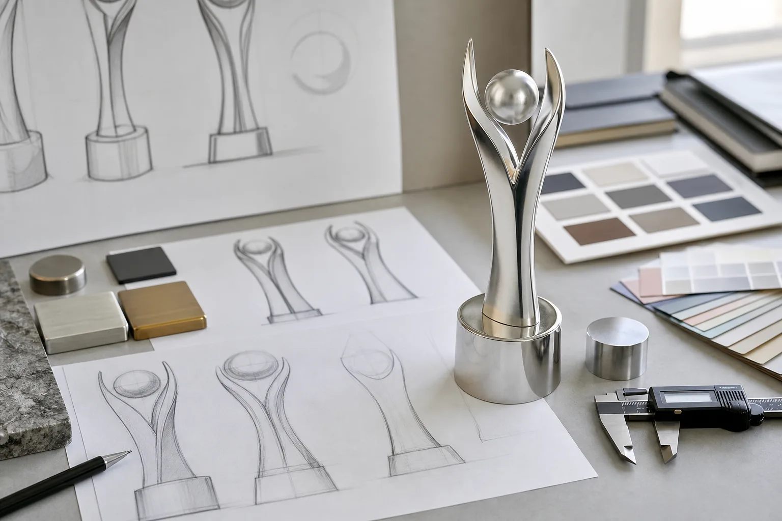 Custom metal trophy concept development on a design desk